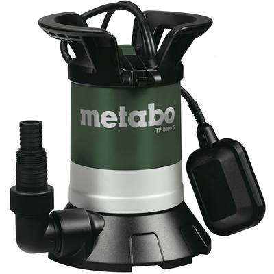 Zelená a čierna ponorná čerpadlo s nápisom 'metabo TP 8000 S', po boku čierny plavák na reguláciu vodnej hladiny.