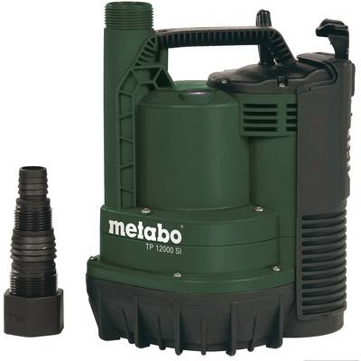 Zelená ponorná čerpadlo vedľa čierneho adaptéra. Na čerpadle je napísané 'metabo TP 12000 SI'.