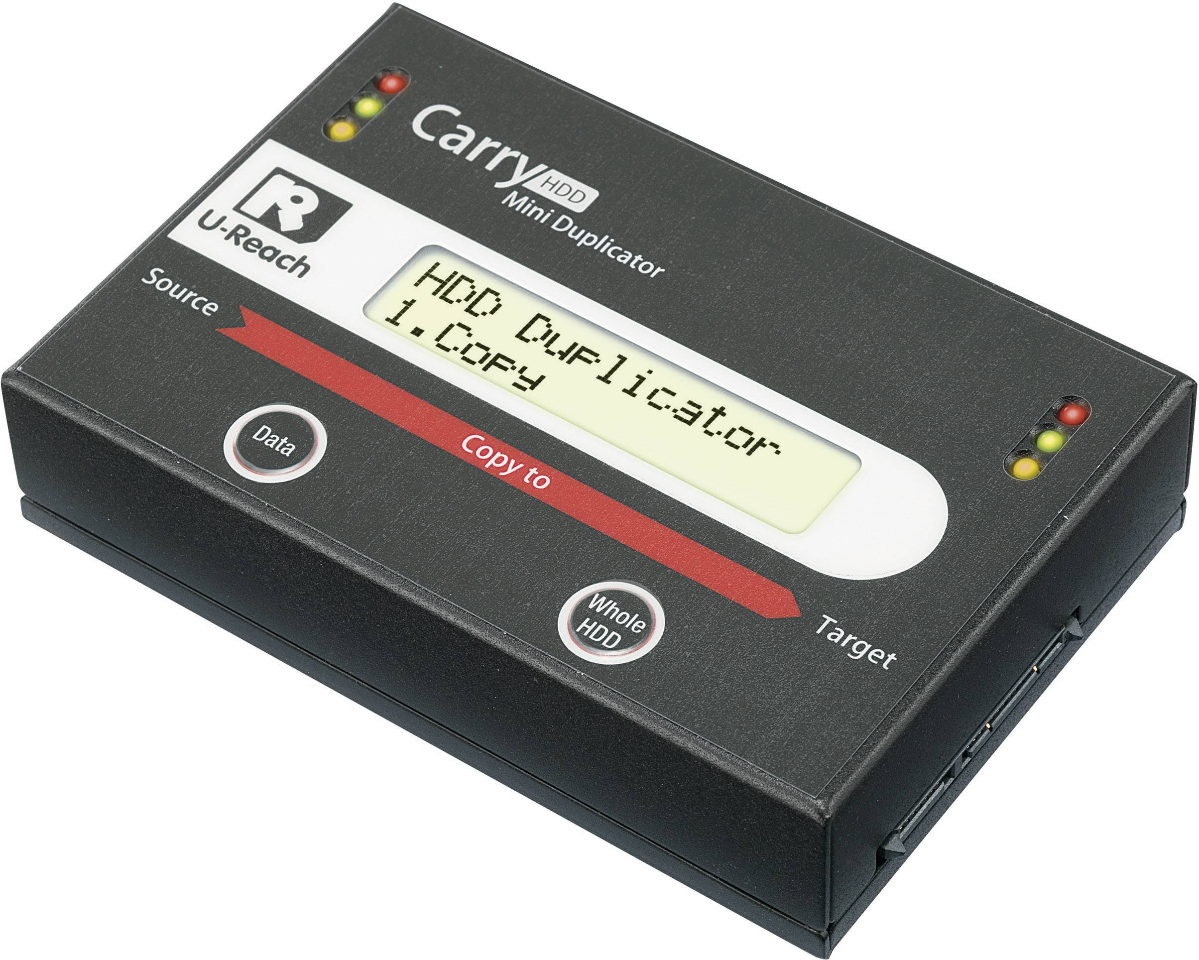 Externý duplicátor pevného disku. Displej zobrazuje 'HDD Duplicator 1.Copy'. Tlačidlá: Dáta, Celý HDD, Zdroj, Cieľ.