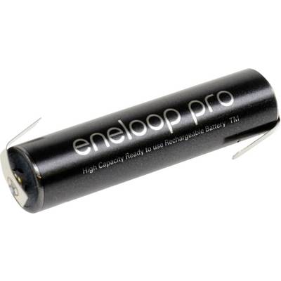 Čierna cylindrická batéria s nápisom 'eneloop pro'. Vysoká kapacita, dobíjateľná, vhodná pre elektronické zariadenia.