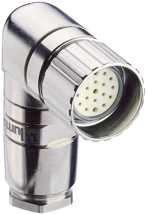 Kovový konektor s viacerými kontaktnými kolíkmi, po stranách označený, používaný v priemyselných aplikáciách pre elektrické prepojenia.