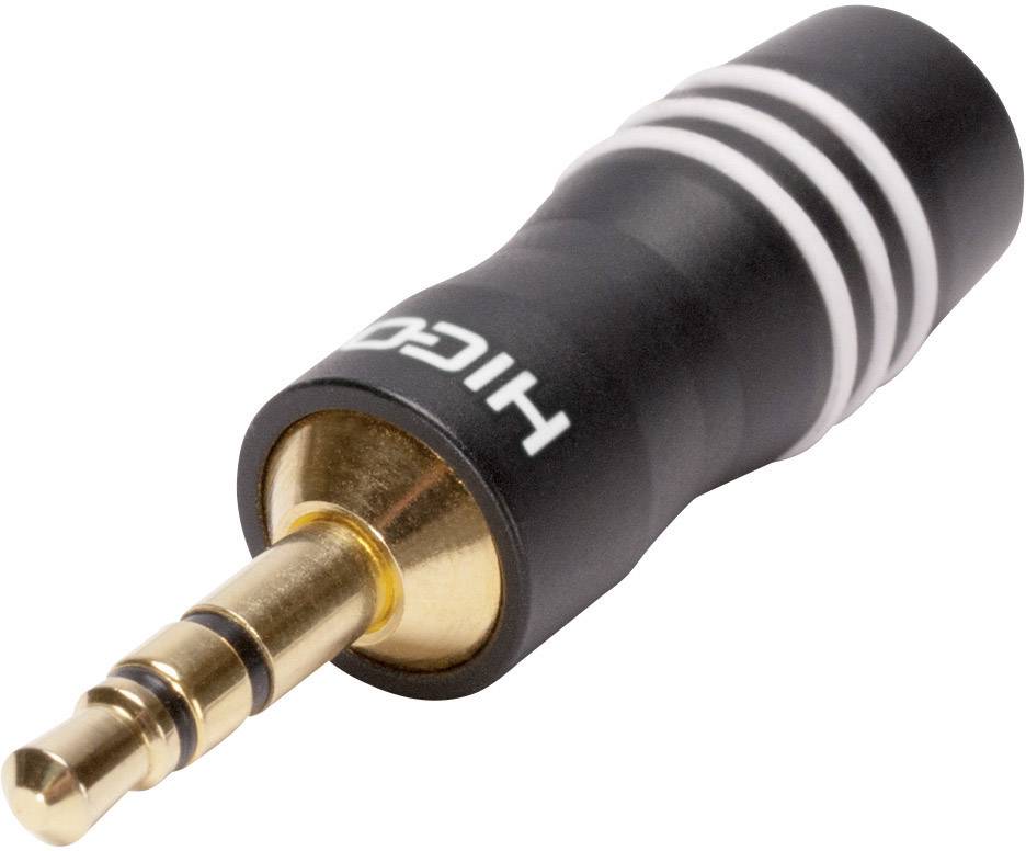 Čierny audio adaptér s zlatým 3,5-mm jack konektorom, pohľad z boku. Na obale je nápis 'HICON' bielym písmom.