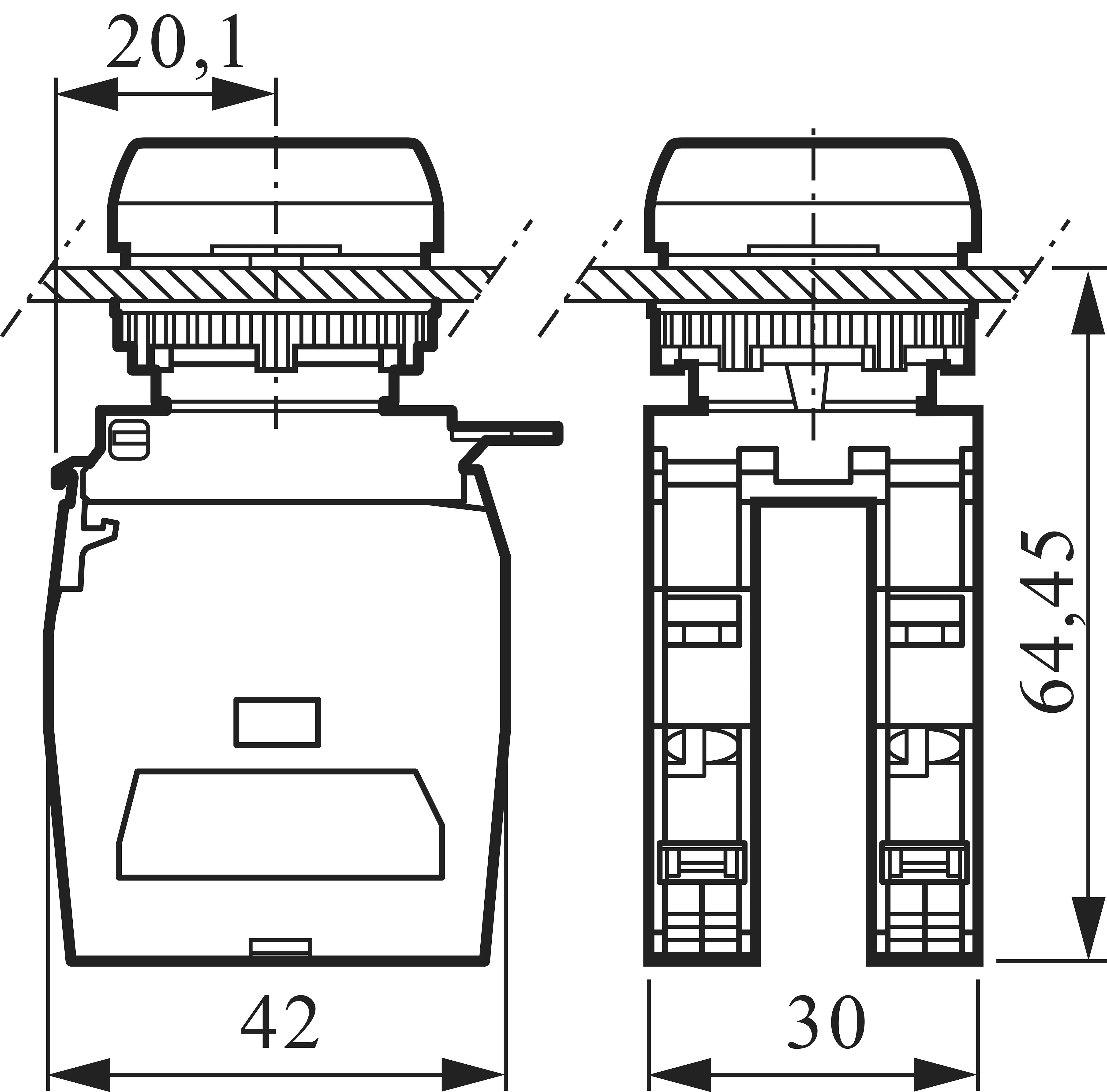 Technický výkres spínača s čelným a bočným pohľadom. Rozmery: šírka 30 mm, výška 64,45 mm, hĺbka 42 mm.
