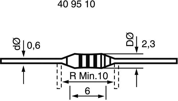 'Technický výkres odporu s rozmermi: priemer 0,6 mm, 2,3 mm; oblasť odporu minimálne 10 mm; dĺžka 6 mm.'