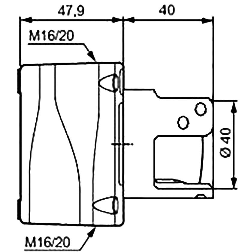 Technický výkres obdĺžnikového komponentu s rozmermi 47,9 mm a 40 mm. Označený M16/20 so zobrazenými otvormi.