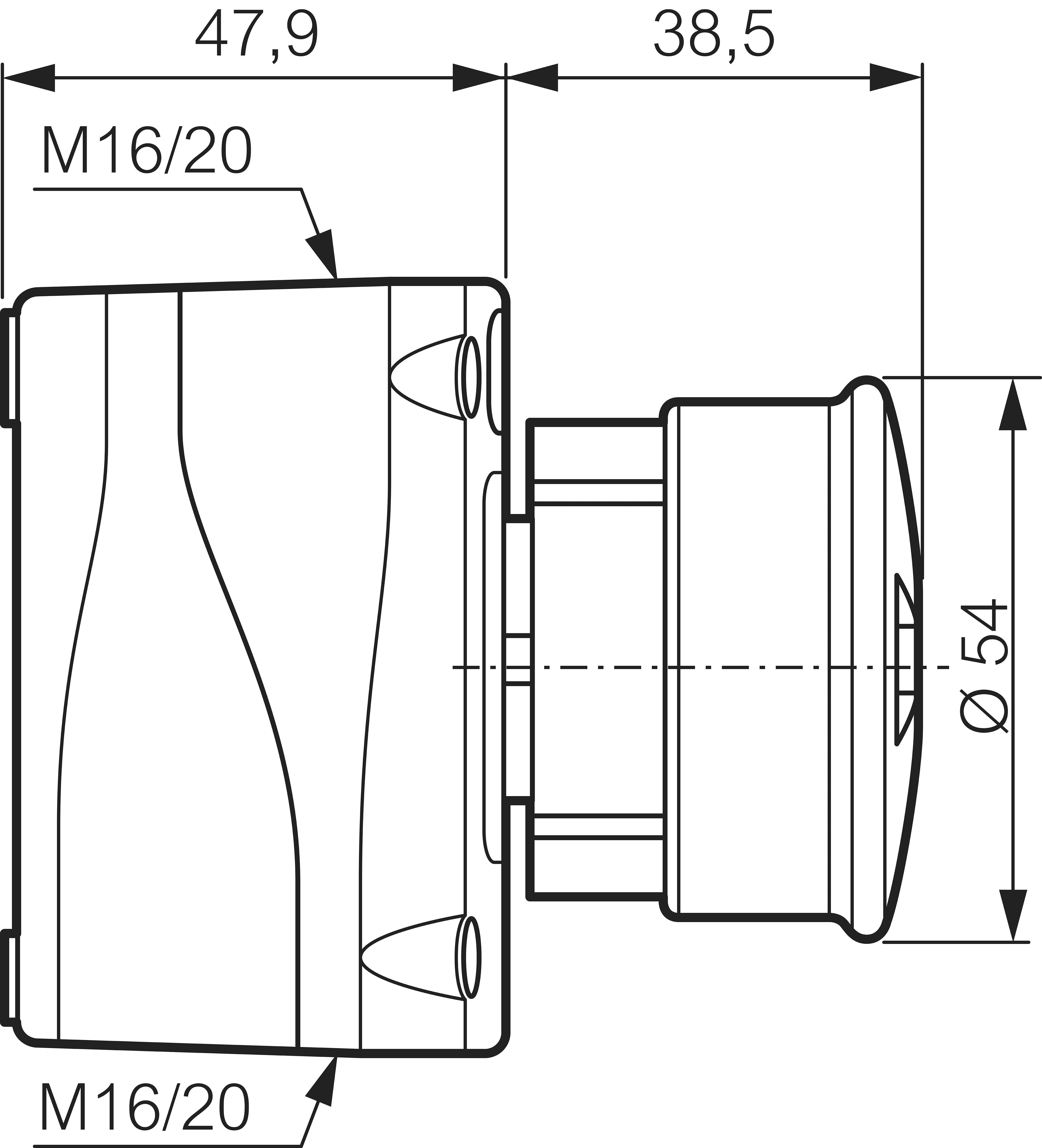 Technický výkres valcovitej súčiastky s rozmermi: šírka 47,9 mm, hĺbka 38,5 mm, priemer 54 mm; dva prípoje M16/20.