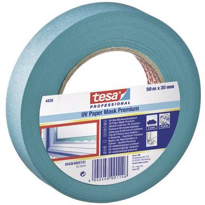 Rolka modrého maskovacieho pásu s etiketou 'tesa Professional UV Paper Mask Premium', 50m x 30mm, určená na maliarske práce.