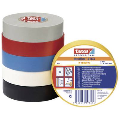 Jeden náviatok tesa Professional tesaflex 4163 Premium v žltej farbe, vedľa štyroch ďalších v sivej, červenej, modrej, bielej a čiernej farbe. 33 m x 50 mm.