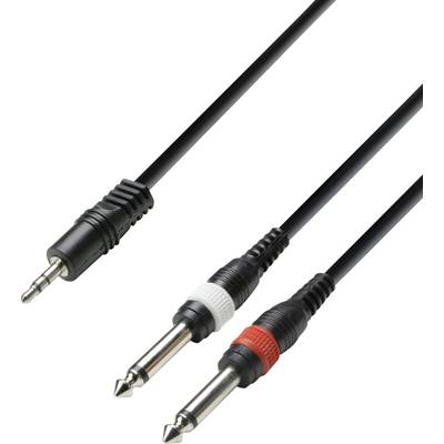 Čiernobiely audiokábel s 3,5 mm stereo jackom rozdeľujúci sa na dva 6,35 mm mono jacky v bielej a červenej farbe pre audio pripojenia.