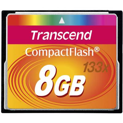 Pamäťová karta Transcend CompactFlash, 8 GB, s rýchlosťou 133x, v oranžovom dizajne s bielymi a červenými nápismi.