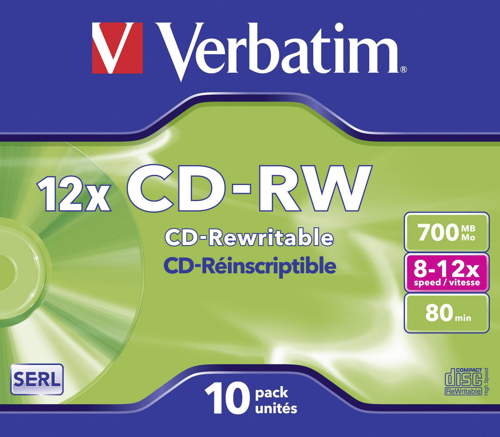 Verbatim 12x CD-RW balenie zobrazuje detaily: 700 MB úložného priestoru, kapacita 80 minút, rýchlosť zápisu 8-12x, balenie po 10 kusov.