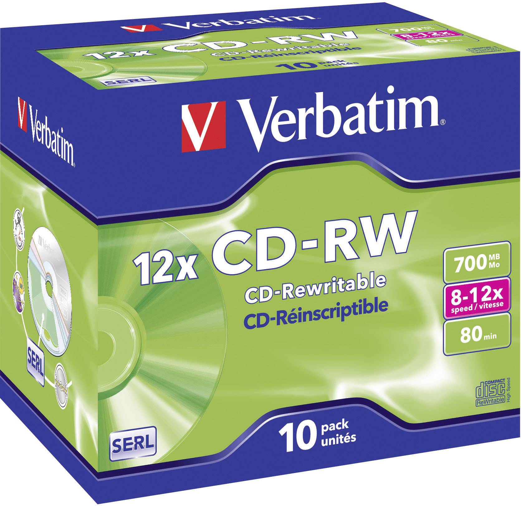 Verbatim CD-RW 12x balenie s 10 prepisovateľnými CD nosičmi, kapacita úložiska 700 MB, rýchlosť 8-12x, doba nahrávania 80 minút.
