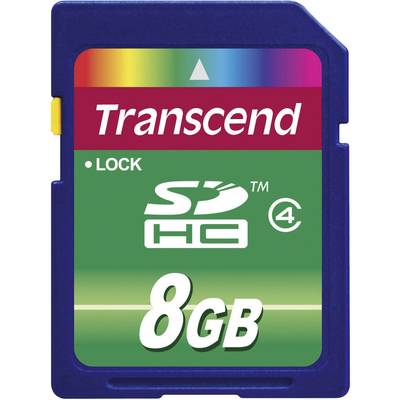 Modrá SD karta, 8GB, značka 'Transcend', podporuje SDHC, trieda 4, s prepínačom ochrany proti zápisu.