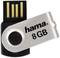 USB kľúč značky Hama s 8 GB pamäťovým priestorom, strieborný dizajn s čiernym USB konektorom, otočný kryt s logom Hama.