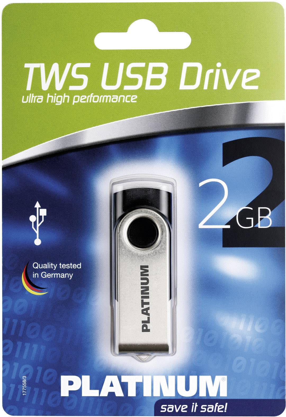"USB kľúč TWS, 2 GB, vysoký výkon, kvalita overená v Nemecku" je napísané na obale spolu s obrázkom USB kľúča.