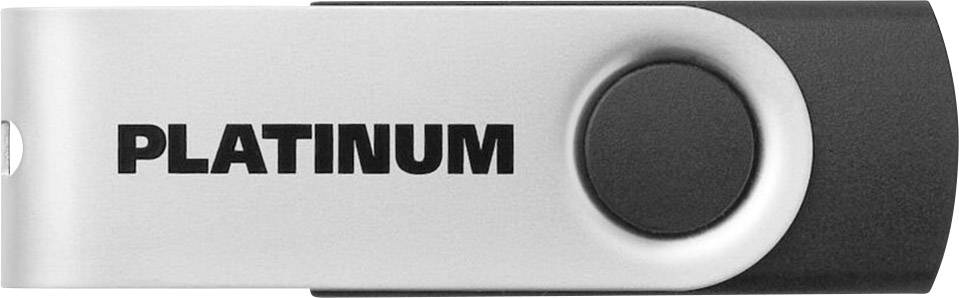Strieborný USB kľúč s čiernym otočným krytom, na ktorom je nápis 'PLATINUM'.