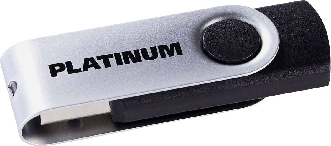 Strieborný USB kľúč s čiernym otočným uzáverom. Na hornej strane je napísané 'PLATINUM'.