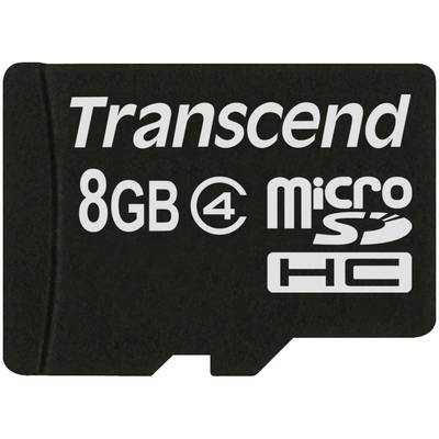 Transcend 8GB Micro SDHC karta, čierny povrch, biely text, na digitálne ukladanie dát.