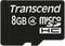 Transcend 8GB Micro SDHC karta, čierny povrch, biely text, na digitálne ukladanie dát.