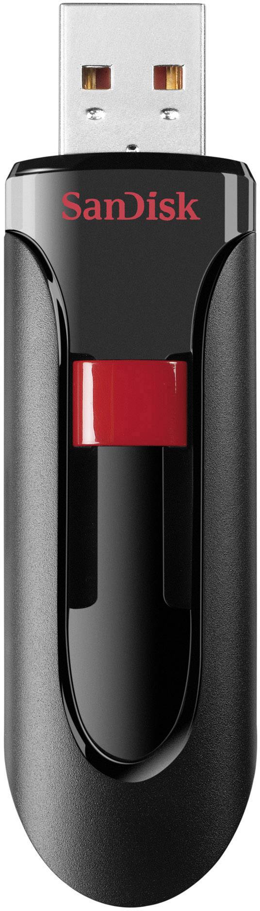 Čierny USB kľúč značky SanDisk s červeným posuvným mechanizmom. Vhodný na ukladanie a prenos dát.