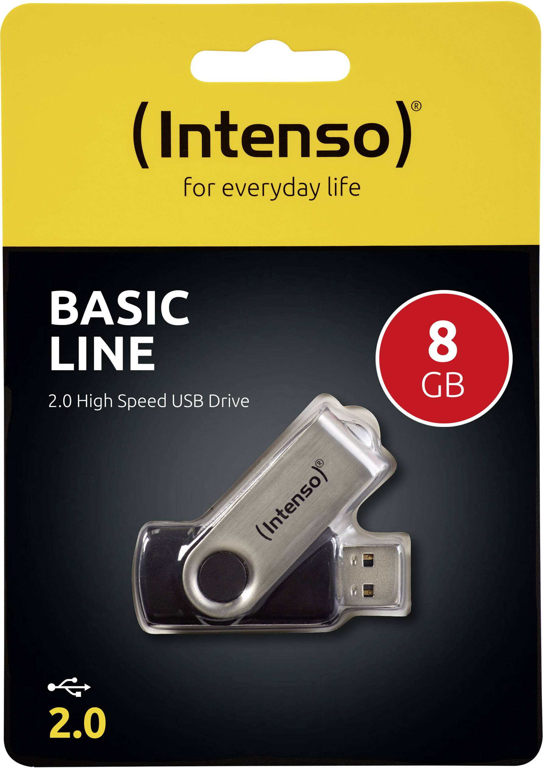 USB kľúč 'Intenso Basic Line', 8 GB, USB 2.0, na čiernom a žltom pozadí. Hlavná charakteristika 'Vysoko rýchlostný USB disk'.