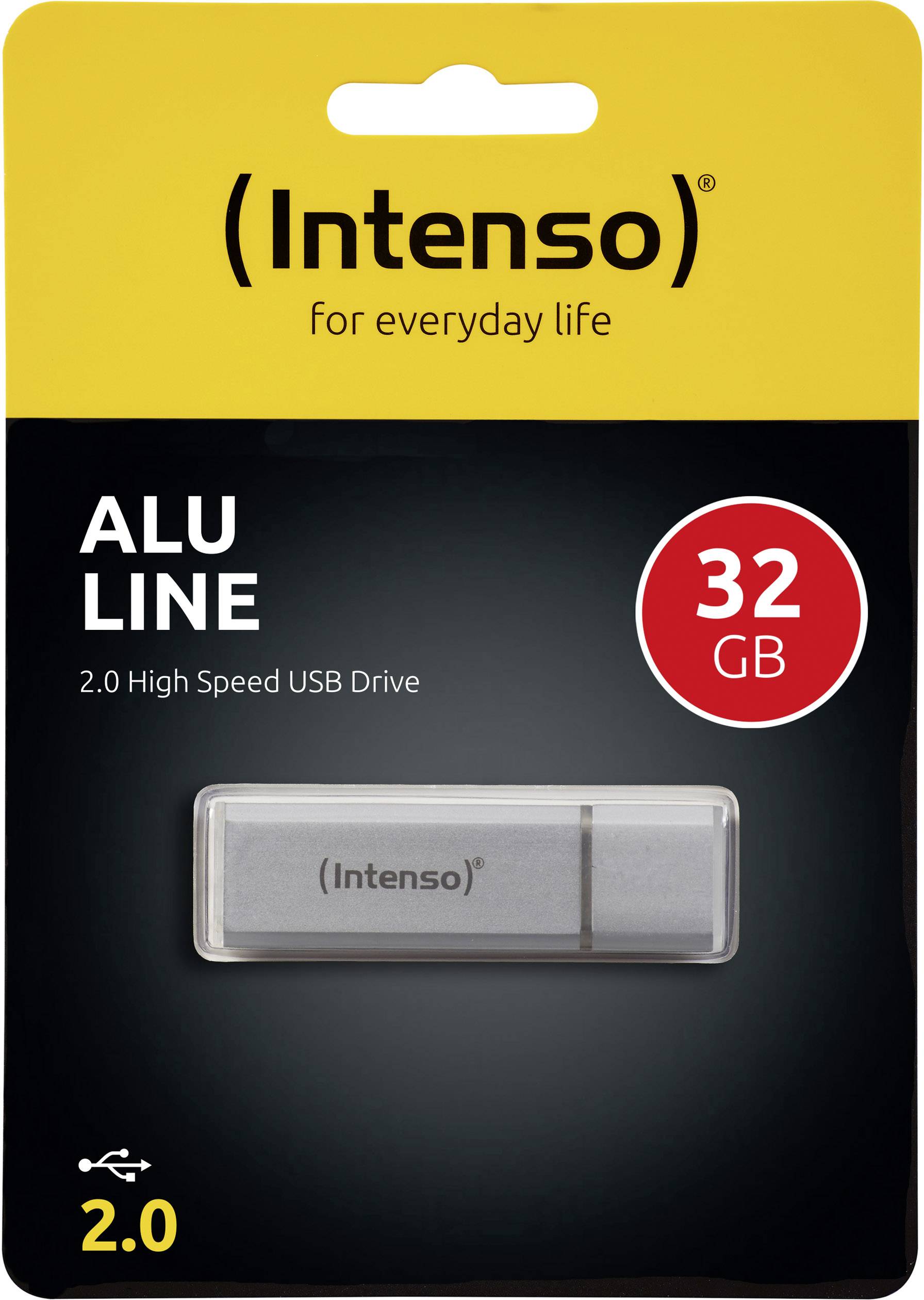 'Intenso ALU LINE 32 GB USB kľúč, 2.0 High Speed, v striebornom prevedení, na čiernom pozadí. Balenie zobrazuje kapacitu.'