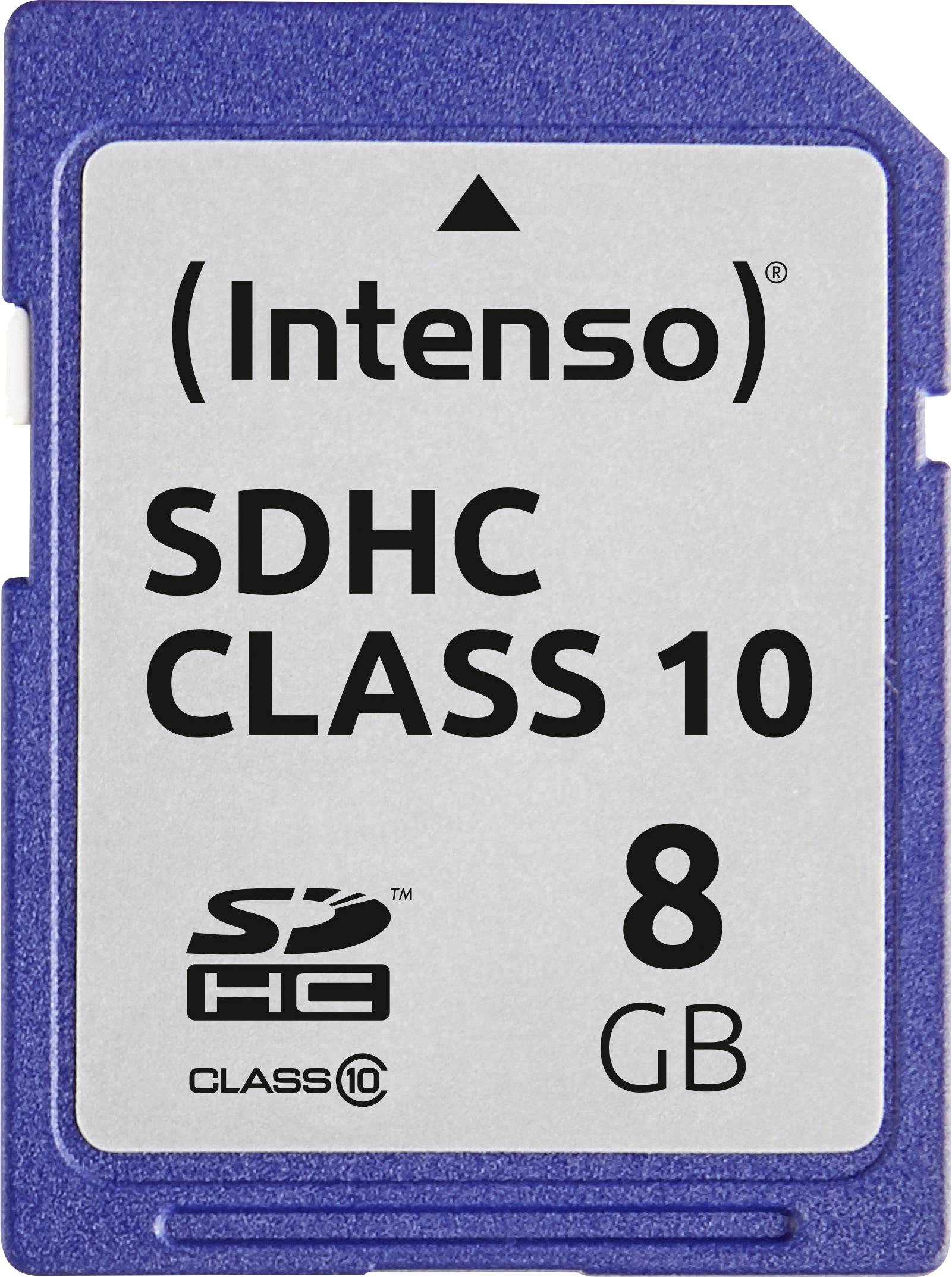 Modro-biela SD karta 'Intenso SDHC Class 10' s kapacitou 8 GB, vhodná pre rýchly prenos dát, najmä do fotoaparátov.