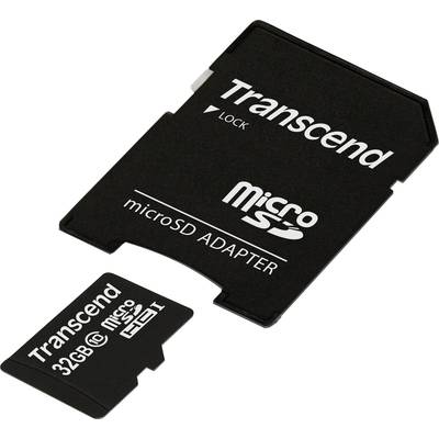 'Čierna pamäťová karta Transcend microSD s kapacitou 32 GB leží vedľa zodpovedajúceho microSD adaptéra, obe na neutrálnom pozadí.'