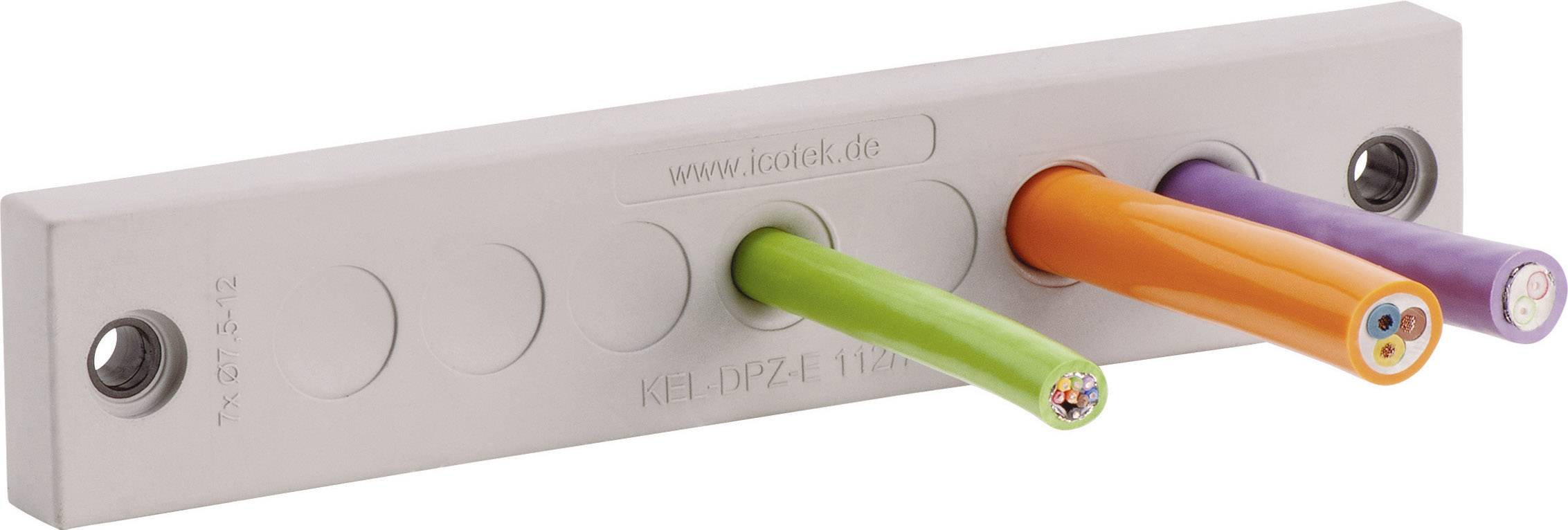 Trojitý prvok na vedenie káblov s farebnými káblami v zelnej, oranžovej a fialovej farbe, prechádzajúcimi cez obdĺžnikovú kovovú konzolu.