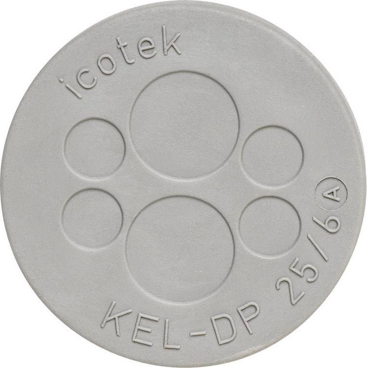 Okrúhly sivý kryt s piatimi kruhovými výrezmi, s nápisom 'icotek KEL-DP 25/6'.