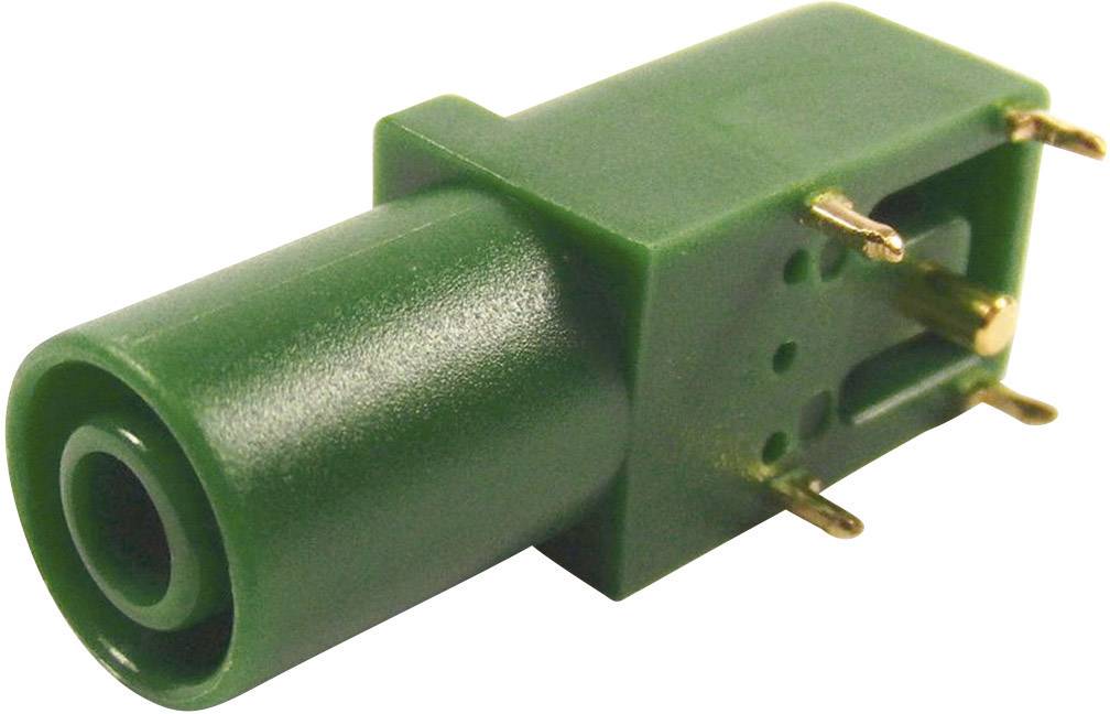 Zelený elektrický vodivý konektor s viacerými kolíkmi a plastovým krytom, pravdepodobne určený na montáž na dosku plošných spojov.