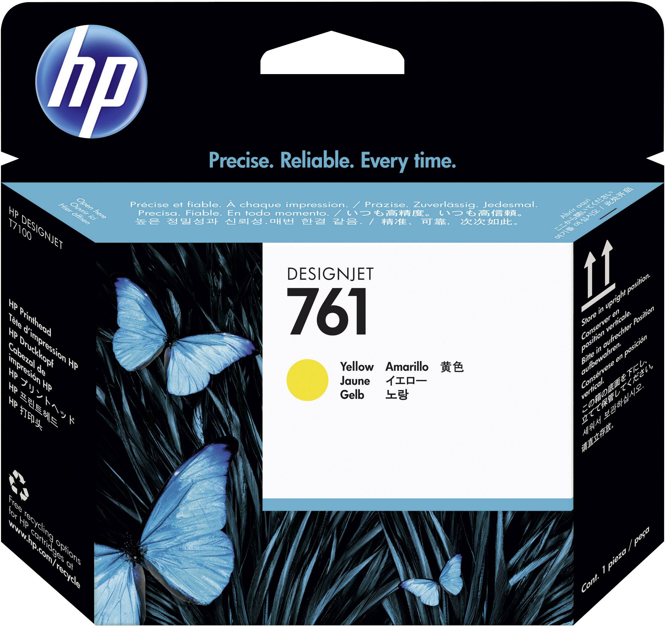 Obal na žltú atramentovú cartridge HP DesignJet 761. Zobrazuje motýle na čiernom pozadí s modrým logom HP v ľavom hornom rohu.