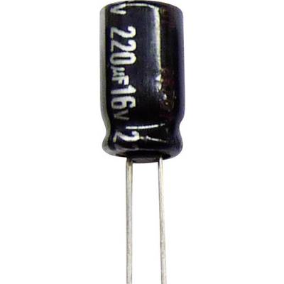Valcový elektrolytický kondenzátor s nápisom '220µF 16V'. Dva drôtové vývody sú viditeľné na spodnom konci.