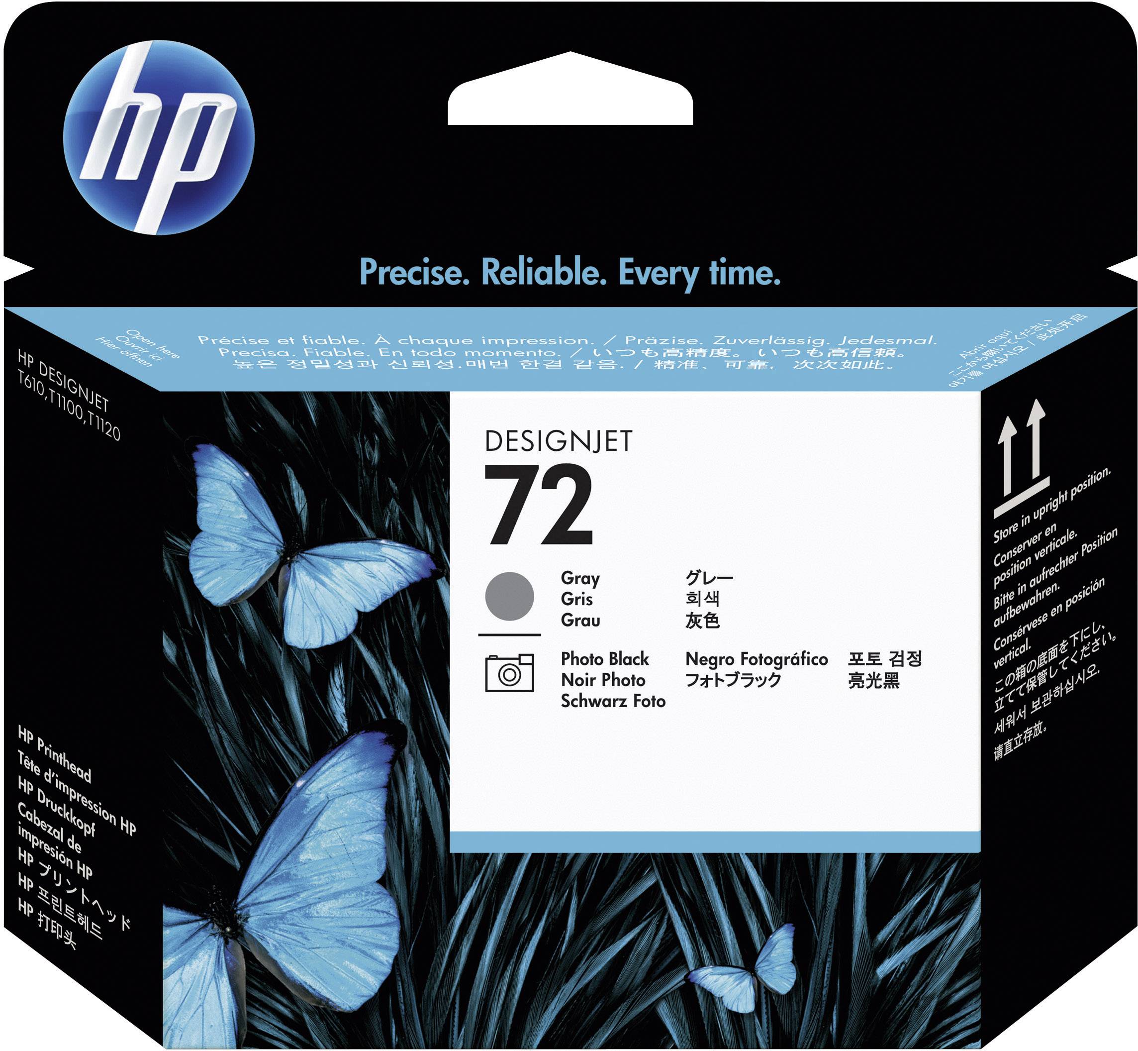 Atramentová náplň DesignJet 72 s logom HP, modrými motýľmi a nápisom 'Photo Black' na bielom pozadí.