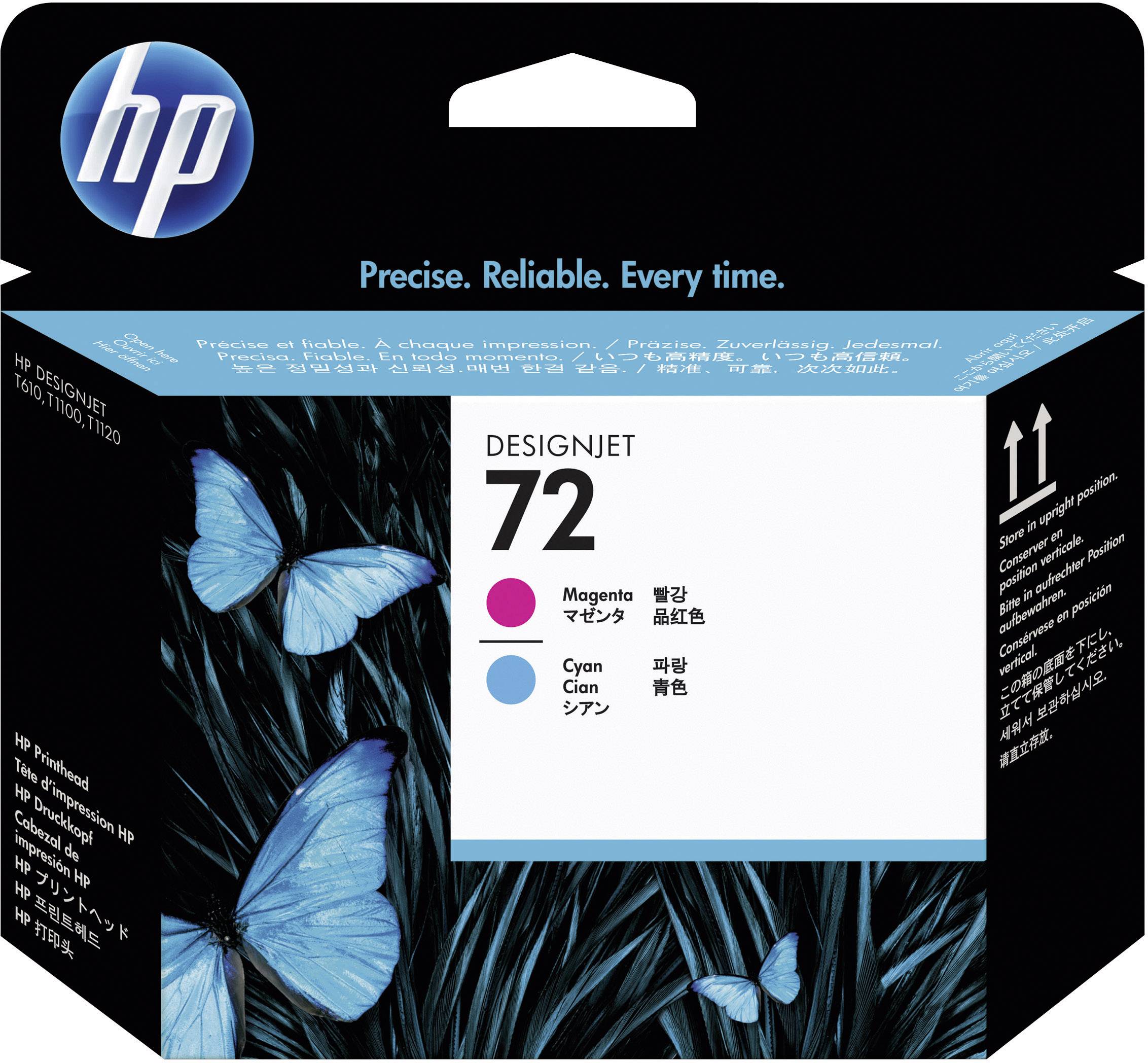 Obal atramentovej kazety Cyan a Magenta pre tlačiareň HP DesignJet s modrými motýľmi ako dekoráciou.