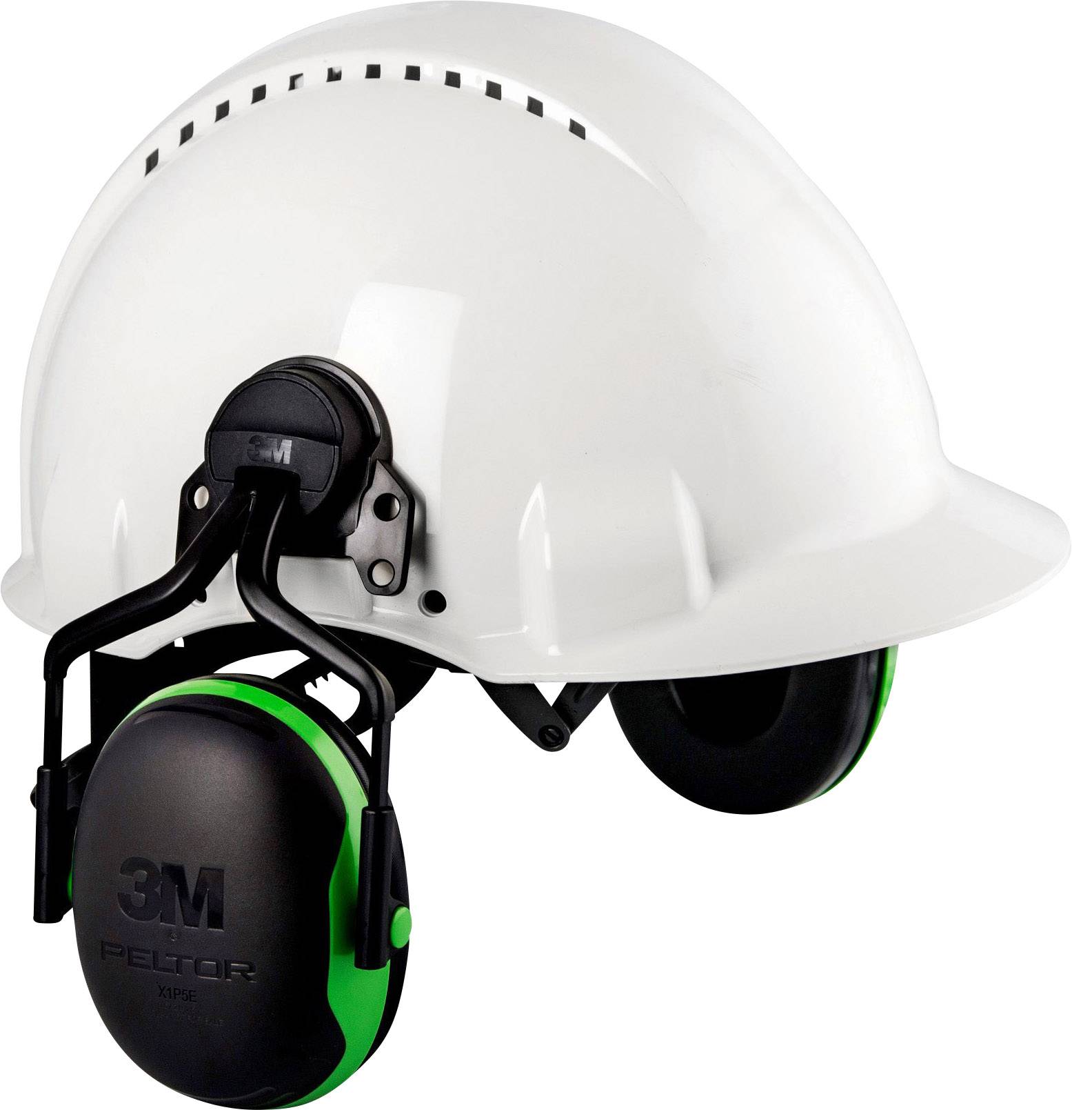 Biely bezpečnostný ochranný helmet so zabudovaným chráničom sluchu od spoločnosti 3M. Vhodný pre hlučné pracovné prostredia so zvýšenou úrovňou bezpečnosti práce.