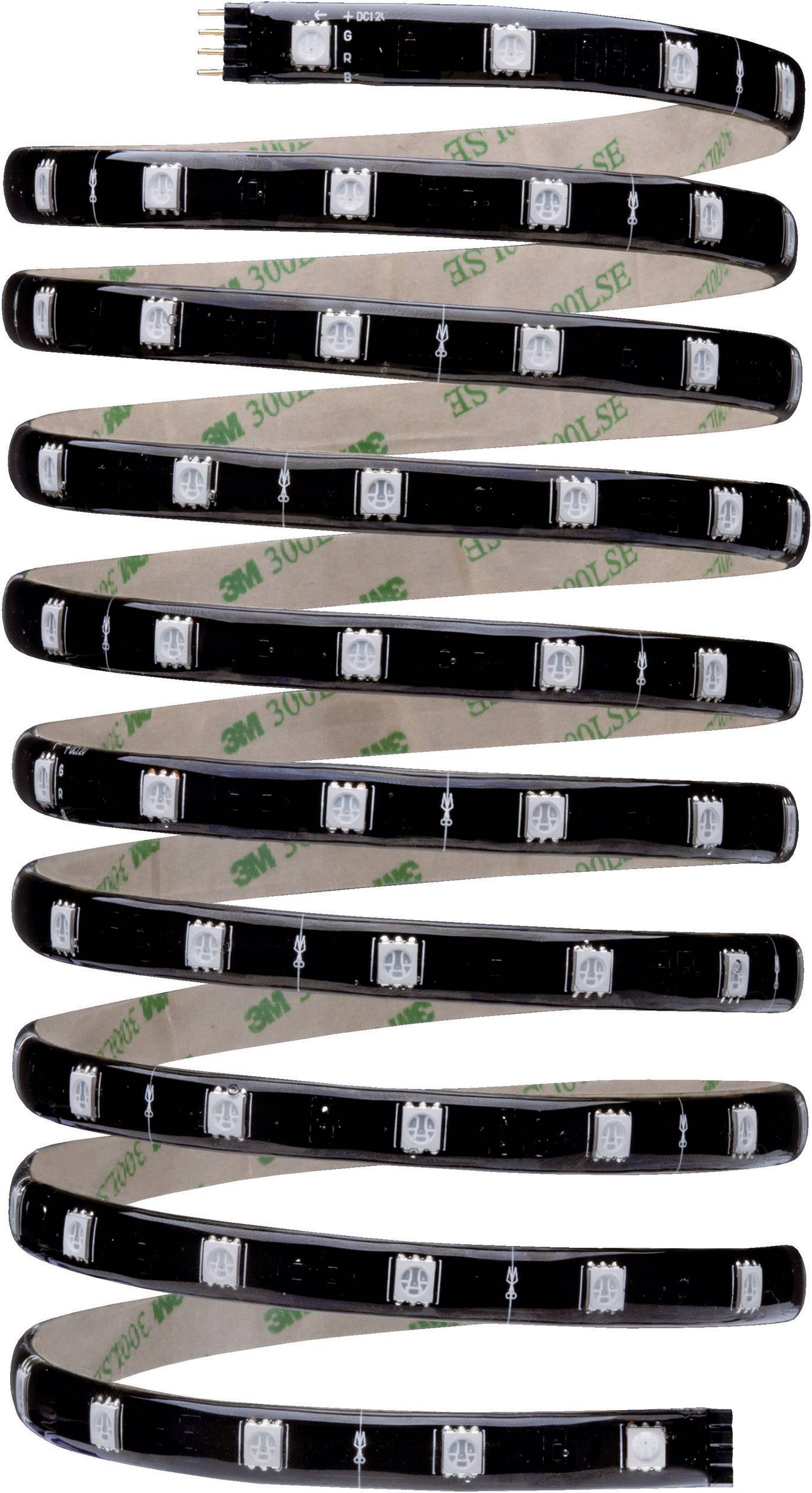 Čierny LED pás, stočený do špirály, s viditeľnými LED diódami a lepiacou stranou.