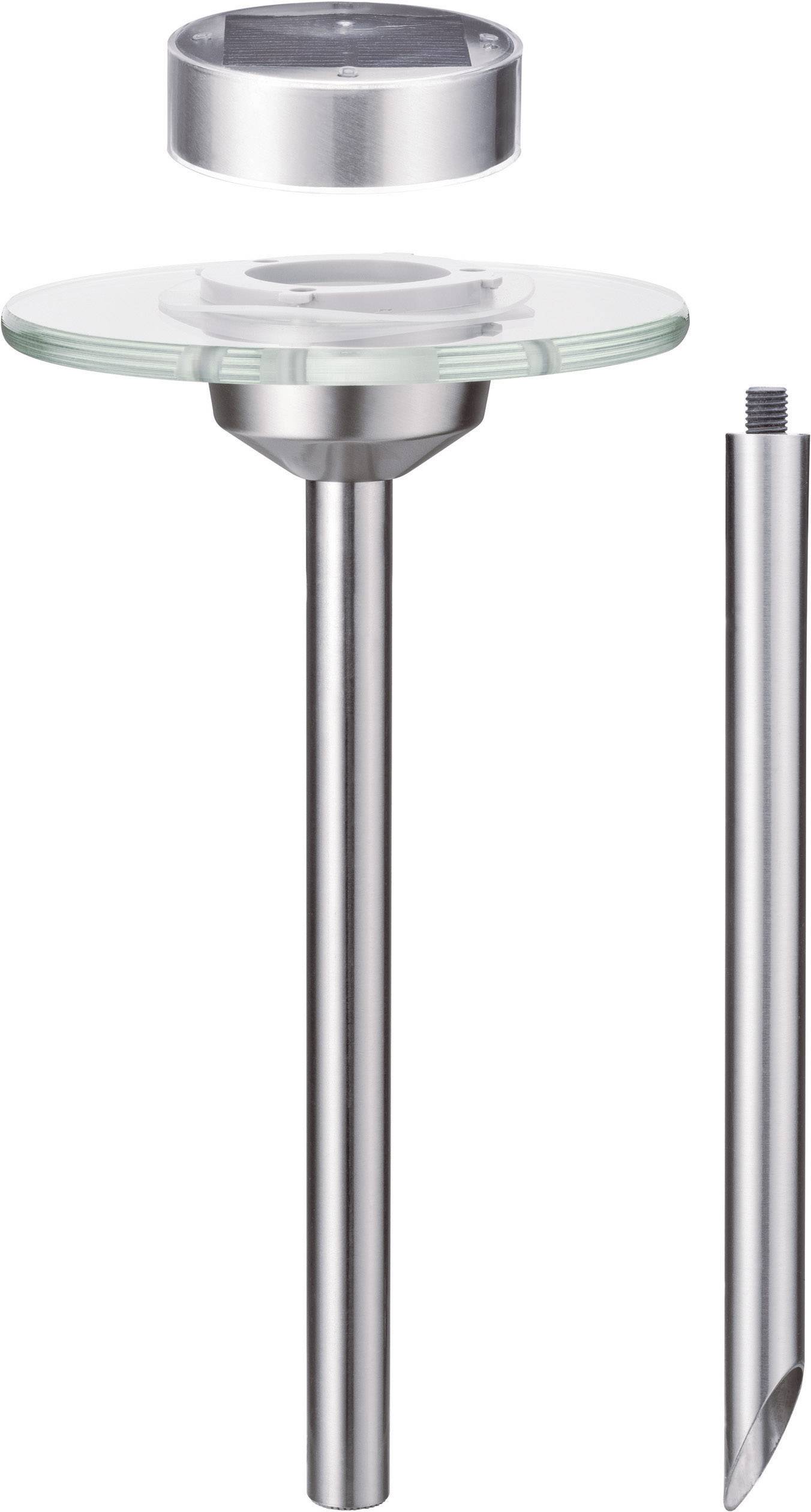 Rozobraná nerezová záhradná pochodeň so skleneným nástavcom a odnímateľným vekom, pozostávajúca z tyče, skleneného nástavca a veka.