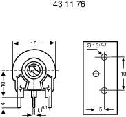 Výkres elektronickej súčiastky s rozmermi: šírka 15 mm, výška 10 mm, tri pripojovacie kolíky dole, diery s priemerom 1,1 mm.