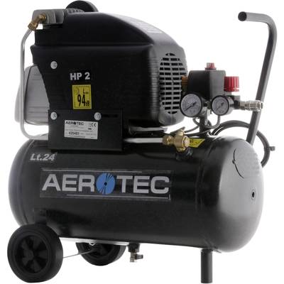 Prenosný vzduchový kompresor Aerotec s tlakovým meračom, ventilom a rukoväťou. Model 'Lt.24' s hladinou akustického tlaku 94 dB.