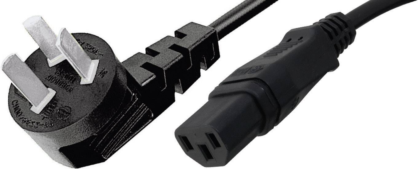 Čierny sieťový kábel s trojpólovým konektorom a IEC konektorom, bežne používaný pre počítače a elektronické zariadenia.