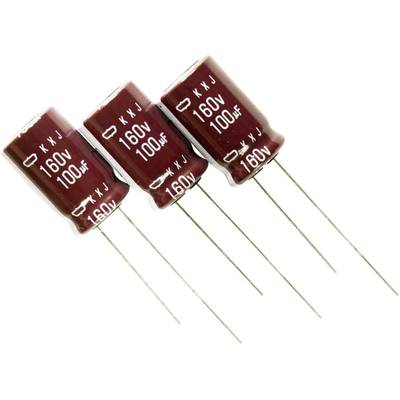 Tri červené elektrolytické kondenzátory, každý s nápisom '160V 100μF', ležiace vedľa seba.