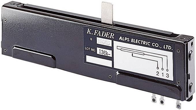 Posuvný potenciometer 'K. Fader' od spoločnosti ALPS Electric Co., Ltd. s označeniami pripojení 1, 2, 3. Čierne púzdro s kovovým ovládačom.