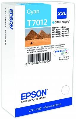 'Atramentová kazeta Epson T7012, XXL veľkosť, Cyan, na 3400 strán. Kompatibilná s modelmi Epson. Obrázok pyramíd na obale.'