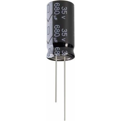 Čierny, valcovitý elektrolytický kondenzátor s nápisom '35V 680µF'. Dva kovové vývody smerujú smerom nadol.