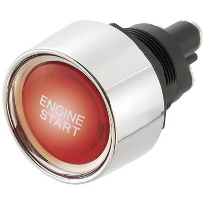 Červené tlačidlo s nápisom 'ENGINE START'. Tlačidlo je obklopené kovovým prstencom a slúži na naštartovanie motora.