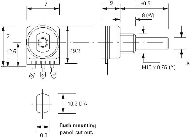 Technický výkres otočného potenciometra s rozmermi. Bočný a horný pohľad zobrazujú svorky a veľkosť závitu M10 x 0,75.