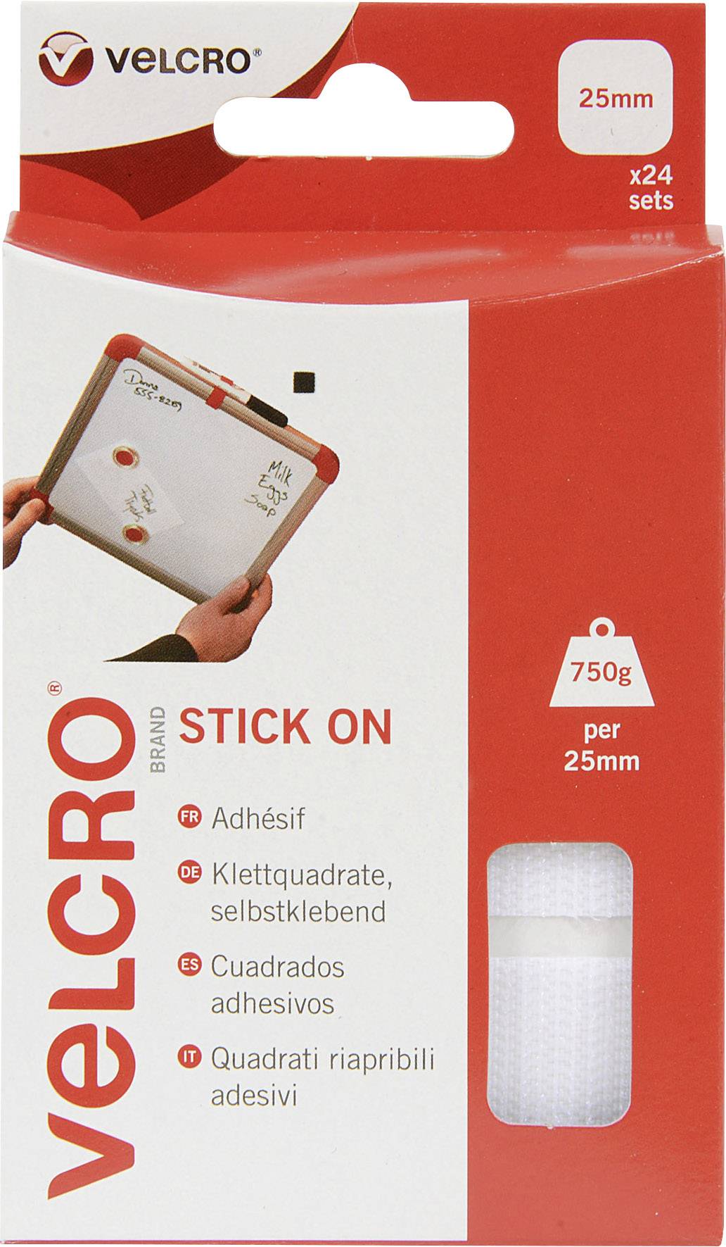 Samolepiace suchie zipsy štvorce, samolepiace, veľkosť 25 mm, 24 súprav, nosnosť až do 750 g na súpravu. Balenie znázorňuje použitie na whiteboard.