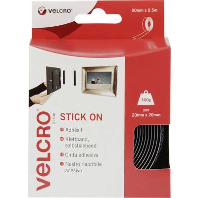 Obal rolky suchého zipsu s nápisom 'VELCRO Brand Stick On', vhodný na upevňovanie predmetov, s uvedenými rozmermi a hmotnosťou.