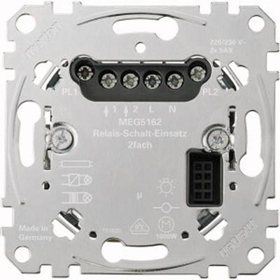 Relé-spínací modul s označeniami svoriek a popisom 'Relé-spínací modul 2-násobný'. Obchodná značka a číslo modelu viditeľné.
